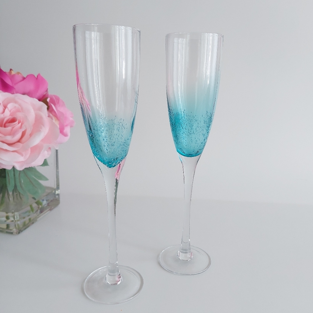 Wedding Champagne Flutes Set of 2 Blue Blown Glass Toasting Glasses Gift